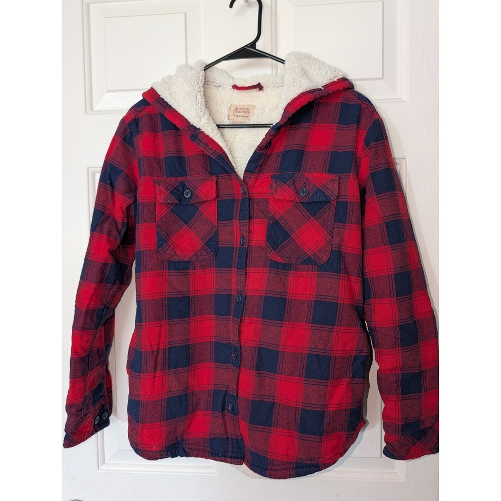 Red Plaid Sherpa Lined Hooded Flannel Shacket Cabincore Grunge